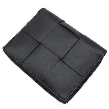 ボッテガヴェネタ BOTTEGA VENETA カセット コンパクトウォレット ブラック カーフ 二つ折り財布 シルバー金具 黒