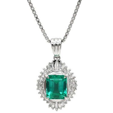 ノンブランド NON BRAND エメラルドグリーン×プラチナシルバー Pt900 エメラルド ダイヤモンド Pt850(チェーン) ネックレス 緑 ダイヤ エメラルド バゲットヘイローペンダント Pt プラチナム