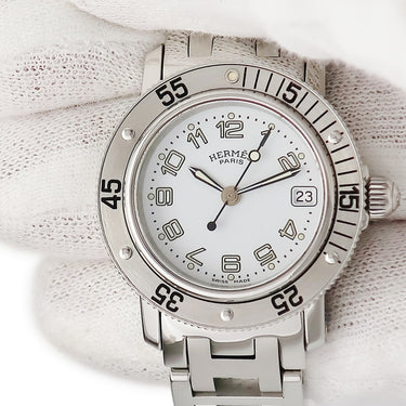 腕時計 エルメス HERMES クリッパー ダイバー CL5.210 クオーツ レディース ホワイト Hマークブレス デイト 逆回転防止ベゼル