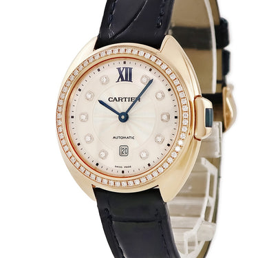 腕時計 カルティエ Cartier クレ ドゥ カルティエ 31mm WJCL0038 自動巻き レディース K18PG無垢 純正ダイヤ ローマン デイト 青針