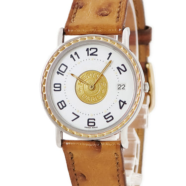 腕時計 エルメス HERMES セリエ ウォッチ クオーツ レディース SS×GP デイト アラビア ホワイト 白 ヴィンテージ