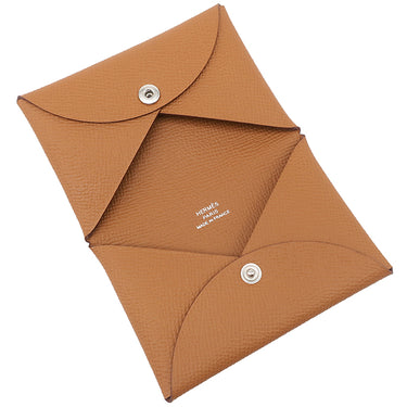 エルメス HERMES カルヴィ ゴールド ヴォーエプソン カードケース シルバー金具 茶