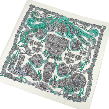 エルメス HERMES ショール カレ140 CARRE カレジェアン ホワイト×グリ×メンソール カシミヤ シルク ストール 【SOUS L'ÉGIDE DE MARS/軍神マルス】