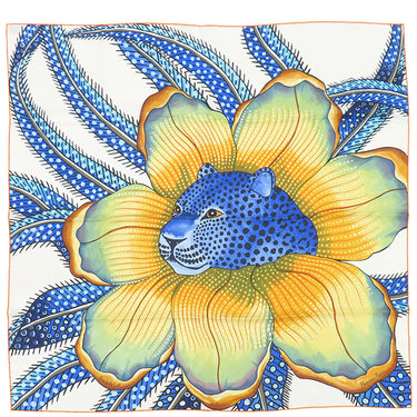 エルメス HERMES カレ90 CARRE オレンジ×ブルー×マルチカラー シルク スカーフ 【Baobab Cat/バオバブ・キャット】