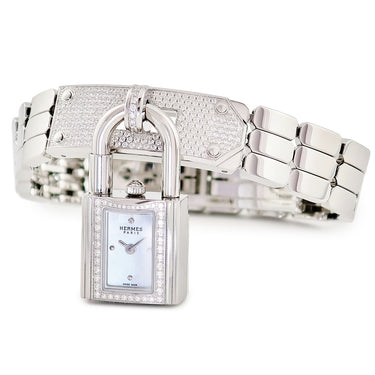 腕時計 エルメス HERMES ケリーウォッチ KE4.131 クオーツ レディース 純正ダイヤ ホワイト シェル カデナ型 錠前 南京錠