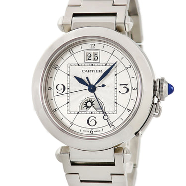 腕時計 カルティエ Cartier パシャ XL ナイト&デイ W31093M7 自動巻き メンズ シルバー GMT デイト ギョウシェ 青針