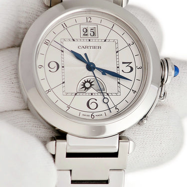 腕時計 カルティエ Cartier パシャ XL ナイト&デイ W31093M7 自動巻き メンズ シルバー GMT デイト ギョウシェ 青針