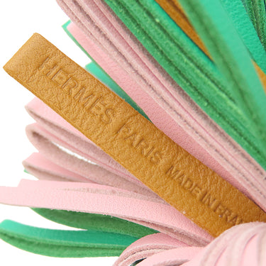 エルメス HERMES カルメン トリコロール セサミ×ミント×ローズサクラ ラムスキン キーリング シルバー金具 フリンジ 茶 緑 ピンク