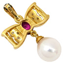 ノンブランド NON BRAND イエローゴールド K18YG ダイヤモンド ルビー パール ペンダントトップ Au750 18K 18金 ダイヤ ルビー ペンダントトップ リボンモチーフ 1Pパール