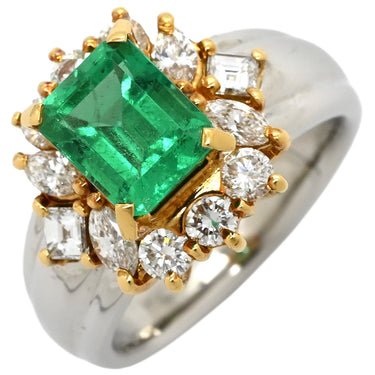 ノンブランド NON BRAND エメラルド ダイヤリング プラチナシルバー×イエローゴールド Pt900 K18YG ダイヤモンド エメラルド リング 指輪 ヘイローデザイン Pt×K18 コンビ プラチナム 9.5号