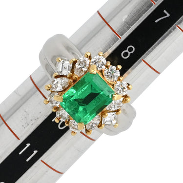 ノンブランド NON BRAND エメラルド ダイヤリング プラチナシルバー×イエローゴールド Pt900 K18YG ダイヤモンド エメラルド リング 指輪 ヘイローデザイン Pt×K18 コンビ プラチナム 9.5号