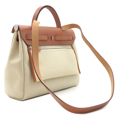 エルメス HERMES エールバッグジップ 31 ベージュ×ゴールド トワルミリタリー ヴァッシュハンター ショルダーバッグ シルバー金具 茶