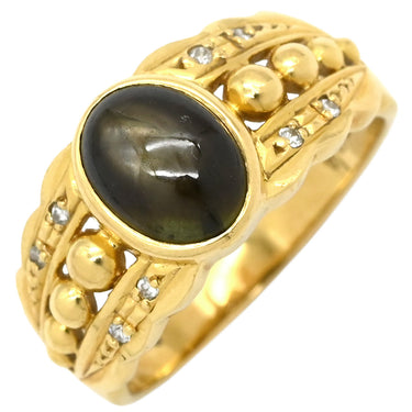 ノンブランド NON BRAND ブラックスターサファイア ダイヤ リング ブラック×イエローゴールド K18YG ダイヤモンド ブラックスターサファイア リング 指輪 黒 Au750 18K 18金 オーバルカボション 天然石 11号