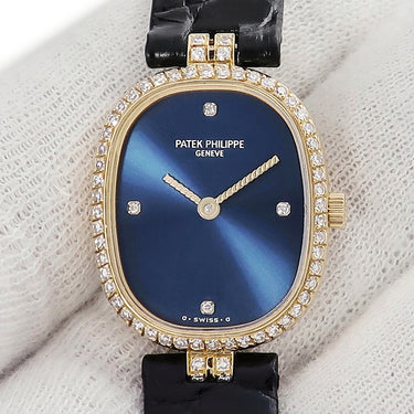 腕時計 パテックフィリップ PATEK PHILIPPE ゴールデンエリプス 4698J クオーツ レディース メーカーOH済 K18YG無垢 純正ダイヤ ブルー