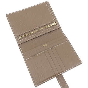 エルメス HERMES ベアンコンパクト エトゥープ ヴォーエプソン 二つ折り財布 ゴールド金具 グレージュ