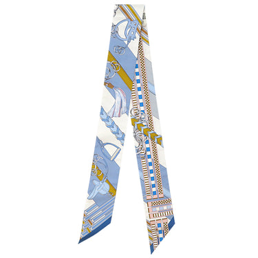 エルメス HERMES ツイリー ブルージーン×ホワイト×ミール シルク スカーフ 【BRIDES ET GRIS GRIS/馬勒とチャーム】