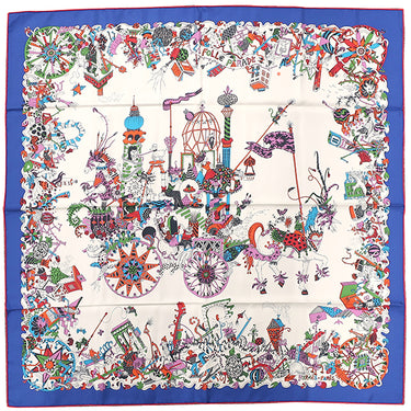 エルメス HERMES カレ90 CARRE ブルー×ホワイト×マルチカラー シルク スカーフ 【LA FOLLE PARADE/ラ フォル パラード】