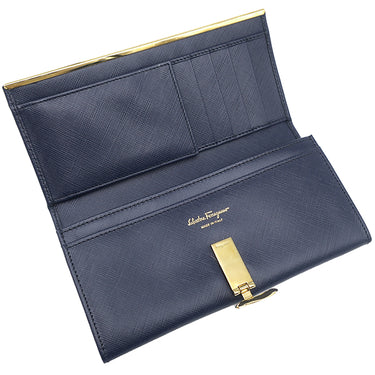 サルヴァトーレ・フェラガモ Salvatore Ferragamo ガンチーニ 二つ折り 224633 ブルー カーフ 長財布 ゴールド金具 青
