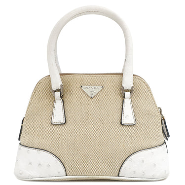 プラダ PRADA キャンバス オーストリッチ ベージュ×ホワイト キャンバス オーストリッチ 2WAYバッグ シルバー金具 三角ロゴプレート ミニ ショルダー 白
