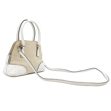 プラダ PRADA キャンバス オーストリッチ ベージュ×ホワイト キャンバス オーストリッチ 2WAYバッグ シルバー金具 三角ロゴプレート ミニ ショルダー 白