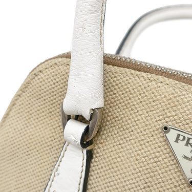 プラダ PRADA キャンバス オーストリッチ ベージュ×ホワイト キャンバス オーストリッチ 2WAYバッグ シルバー金具 三角ロゴプレート ミニ ショルダー 白
