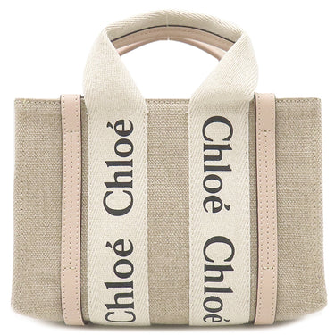 クロエ Chloe リネン製 Woody ミニトートバッグ CHC22AP237I266J5 セメントピンク リネン リネンキャンバス シャイニーカーフスキン 2WAYバッグ ハンドバッグ ショルダー