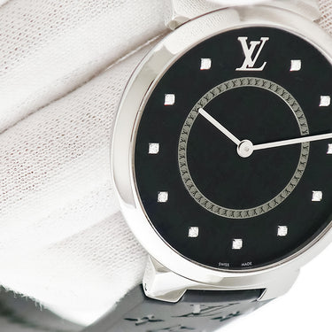 腕時計 ルイヴィトン LOUIS VUITTON タンブール スリム GM QA145Z クオーツ メンズ 新品同様 純正11Pダイヤ モノグラム ブラック 黒