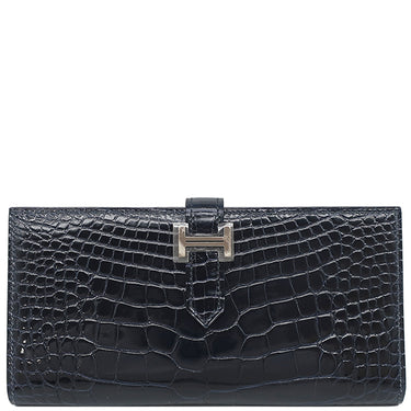 エルメス HERMES ベアンスフレ ブルーマリン アリゲーター 長財布 シルバー金具 紺 クロコ 二つ折り財布