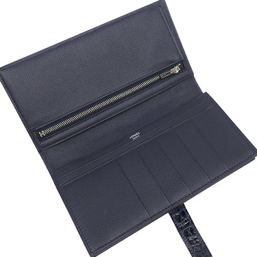 エルメス HERMES ベアンスフレ ブルーマリン アリゲーター 長財布 シルバー金具 紺 クロコ 二つ折り財布