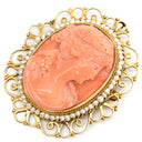 ノンブランド NON BRAND カメオ イエローゴールド×パールホワイト K14YG 珊瑚（コーラル） ブローチ 肖像 彫刻 小粒パール×珊瑚 ペンダントトップ