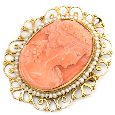 ノンブランド NON BRAND カメオ イエローゴールド×パールホワイト K14YG 珊瑚（コーラル） ブローチ 肖像 彫刻 小粒パール×珊瑚 ペンダントトップ