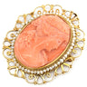 ノンブランド NON BRAND カメオ イエローゴールド×パールホワイト K14YG 珊瑚（コーラル） ブローチ 肖像 彫刻 小粒パール×珊瑚 ペンダントトップ