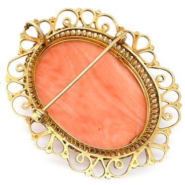 ノンブランド NON BRAND カメオ イエローゴールド×パールホワイト K14YG 珊瑚（コーラル） ブローチ 肖像 彫刻 小粒パール×珊瑚 ペンダントトップ