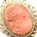ノンブランド NON BRAND カメオ イエローゴールド×パールホワイト K14YG 珊瑚（コーラル） ブローチ 肖像 彫刻 小粒パール×珊瑚 ペンダントトップ