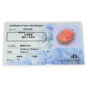 ノンブランド NON BRAND カメオ イエローゴールド×パールホワイト K14YG 珊瑚（コーラル） ブローチ 肖像 彫刻 小粒パール×珊瑚 ペンダントトップ