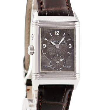 腕時計 ジャガールクルト JAEGER LECOULTRE レベルソ デュオ ナイト＆デイ Q2718470 270.8.54 手巻き メンズ OH済 グレー 回転 両面 角型 GMT