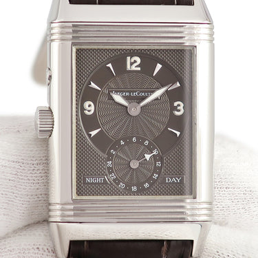 腕時計 ジャガールクルト JAEGER LECOULTRE レベルソ デュオ ナイト＆デイ Q2718470 270.8.54 手巻き メンズ OH済 グレー 回転 両面 角型 GMT