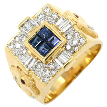 ノンブランド NON BRAND ブルーサファイア ルビー ダイヤ 印台リング イエローゴールド K18YG サファイア ルビー ダイヤモンド リング 指輪 青 ブルー スクエア 馬 スクエアバケットミックスカット 20号