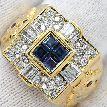 ノンブランド NON BRAND ブルーサファイア ルビー ダイヤ 印台リング イエローゴールド K18YG サファイア ルビー ダイヤモンド リング 指輪 青 ブルー スクエア 馬 スクエアバケットミックスカット 20号