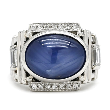 ノンブランド NON BRAND スターサファイア ダイヤリング プラチナシルバー Pt900 サファイア ダイヤモンド リング 指輪 青 カボションカット 14号