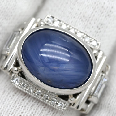 ノンブランド NON BRAND スターサファイア ダイヤリング プラチナシルバー Pt900 サファイア ダイヤモンド リング 指輪 青 カボションカット 14号