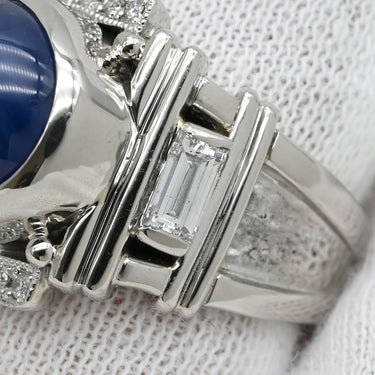 ノンブランド NON BRAND スターサファイア ダイヤリング プラチナシルバー Pt900 サファイア ダイヤモンド リング 指輪 青 カボションカット 14号