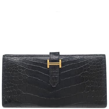 エルメス HERMES ベアンスフレ ブラック アリゲーター 長財布 ゴールド金具 黒 クロコ 二つ折り財布