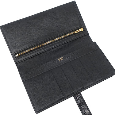 エルメス HERMES ベアンスフレ ブラック アリゲーター 長財布 ゴールド金具 黒 クロコ 二つ折り財布