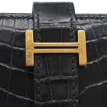 エルメス HERMES ベアンスフレ ブラック アリゲーター 長財布 ゴールド金具 黒 クロコ 二つ折り財布