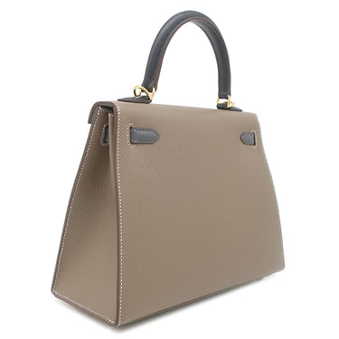 エルメス HERMES ケリー25 外縫い トリコロール エトゥープ×アルドワーズ×ブラック ヴォーエプソン 2WAYバッグ シルバー金具 グレージュ グレー 黒