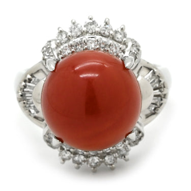 ノンブランド NON BRAND 珊瑚 ダイヤリング プラチナシルバー Pt900 珊瑚 リング 指輪 赤 サンゴ 14号