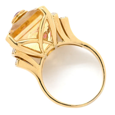 ノンブランド NON BRAND トルマリン シトリン ダイヤリング イエローゴールド K18YG トルマリン シトリン リング 指輪 赤 黄 スクエア 20号