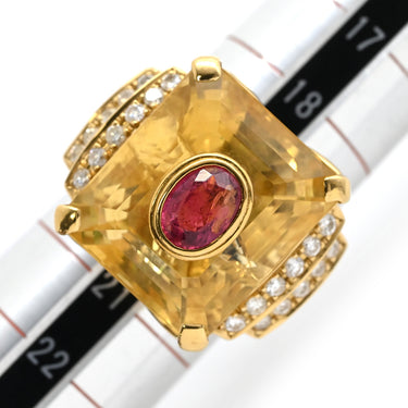 ノンブランド NON BRAND トルマリン シトリン ダイヤリング イエローゴールド K18YG トルマリン シトリン リング 指輪 赤 黄 スクエア 20号