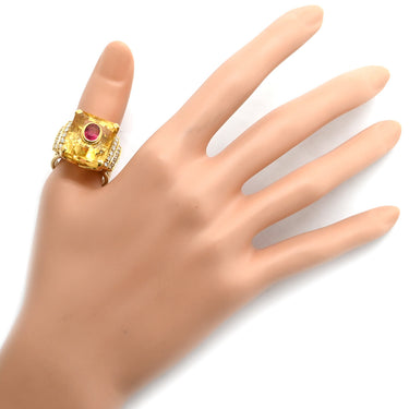 ノンブランド NON BRAND トルマリン シトリン ダイヤリング イエローゴールド K18YG トルマリン シトリン リング 指輪 赤 黄 スクエア 20号